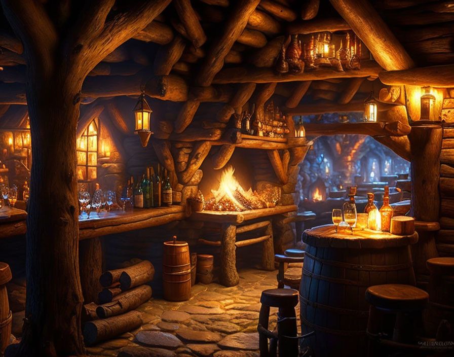 Medieval-style tavern interior with warm lighting and fireplace