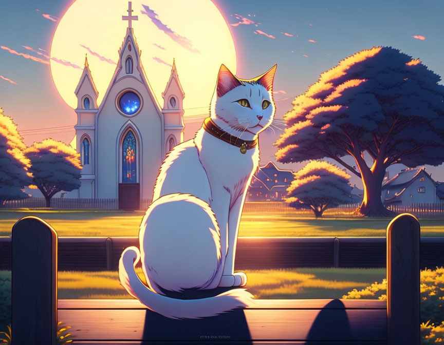 Illustrated cat on fence with church and trees at sunset