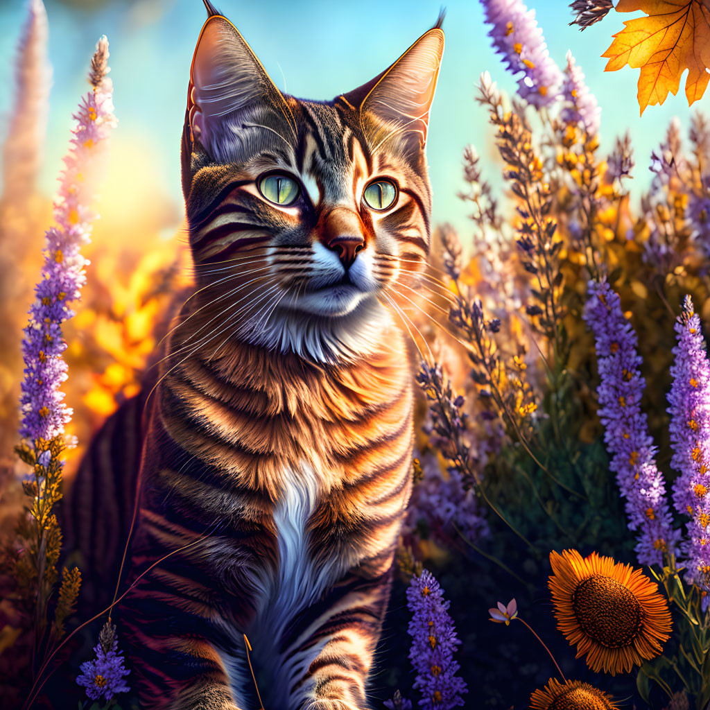 Tabby Cat with Green Eyes in Purple Flowers and Orange Leaves