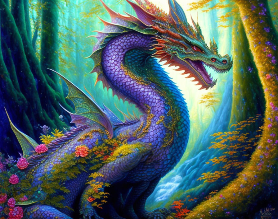 Majestic purple dragon in lush fantasy forest.