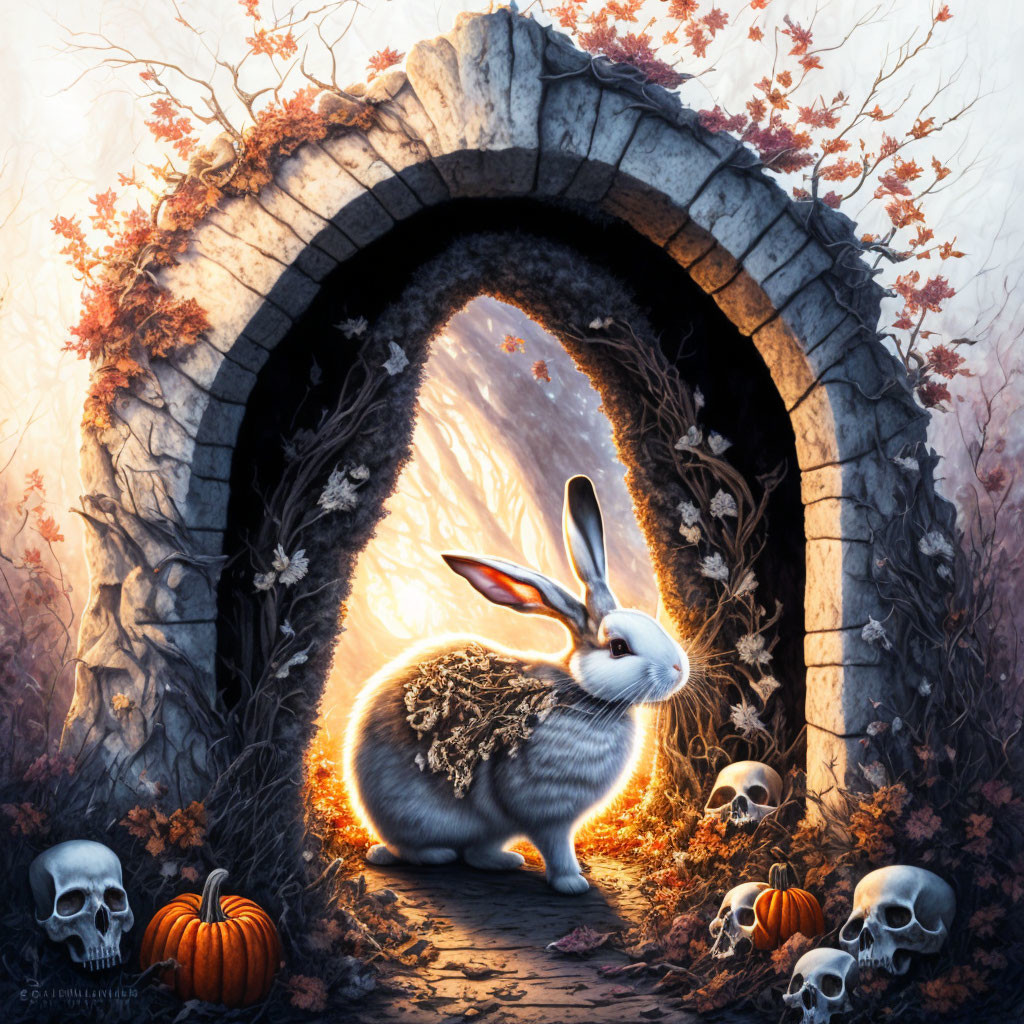 White Rabbit with Foliage at Stone Archway Amid Autumn Decor