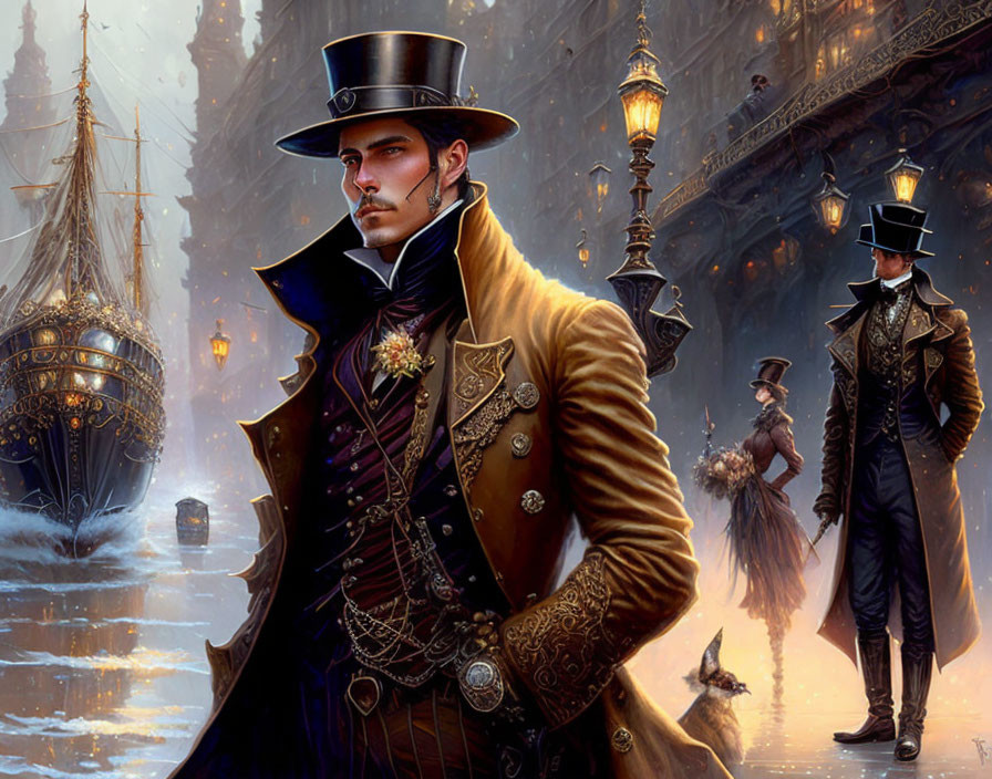 Victorian-era man in top hat on cobbled street with ships and gentlemen.