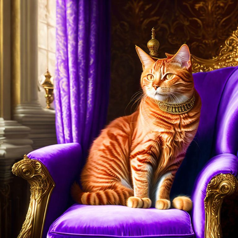 Orange Tabby Cat Wearing Crown and Necklace on Throne by Window