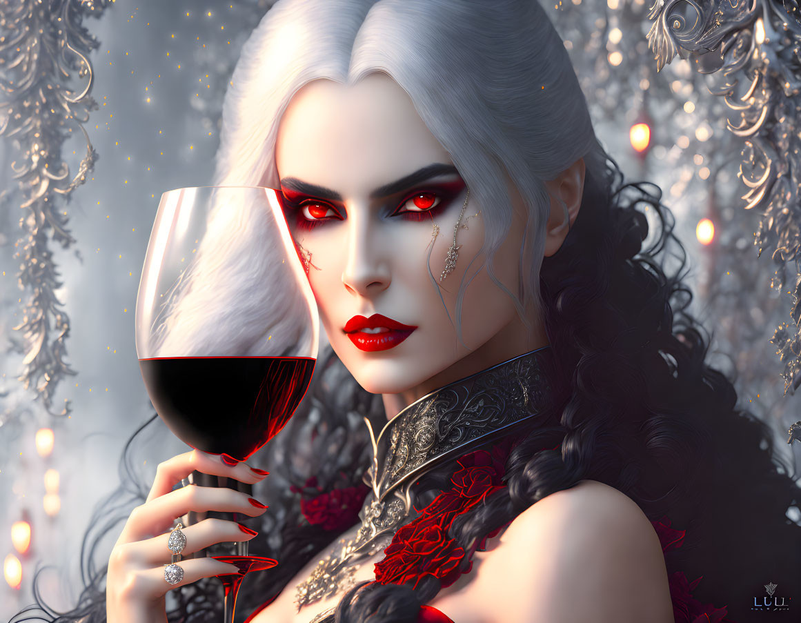 Digital artwork of pale woman with white hair and red eyes holding wine glass