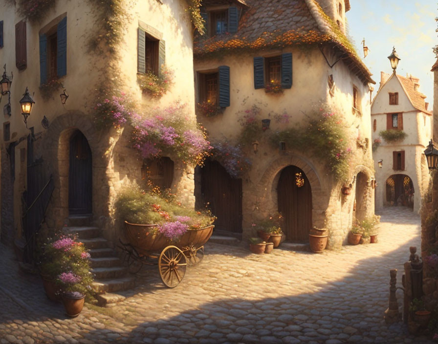 Charming cobblestone street with quaint houses and vibrant flowers