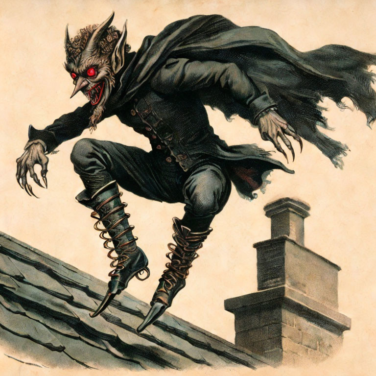 Menacing creature with horns and red eyes leaping across rooftops