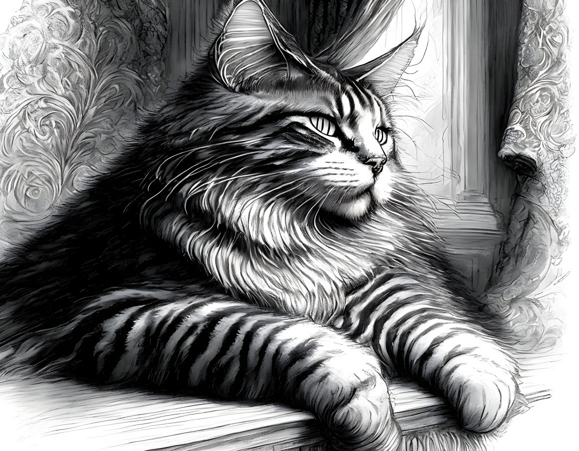 Majestic long-haired cat with regal air and striped fur in grayscale.