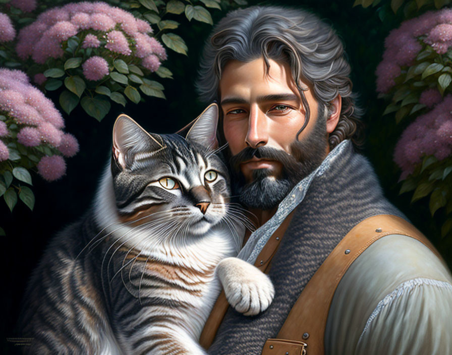 Man with Beard Holding Tabby Cat Surrounded by Hydrangea Flowers