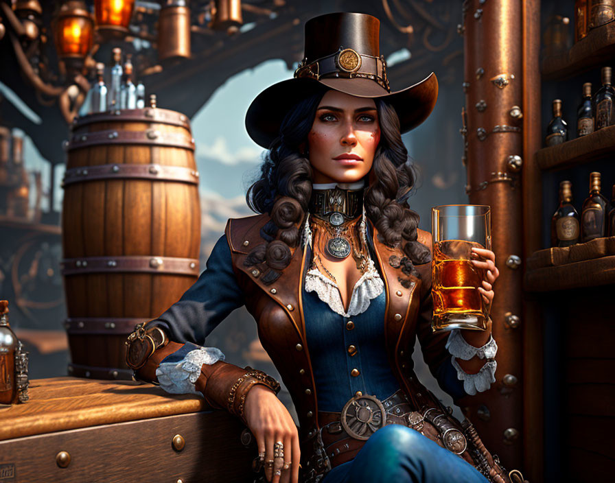 Steampunk-themed 3D-rendered female character with beer in brass-adorned room