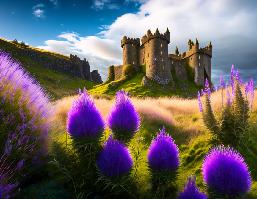 Majestic castle on hill with vibrant purple flowers and dramatic sky