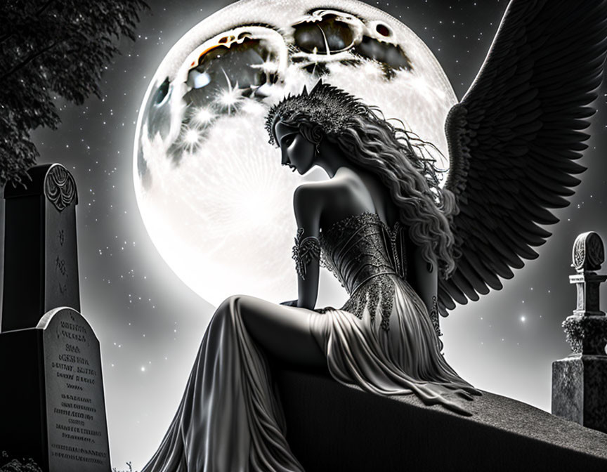 Monochrome winged fantasy figure on tombstone under glowing moon