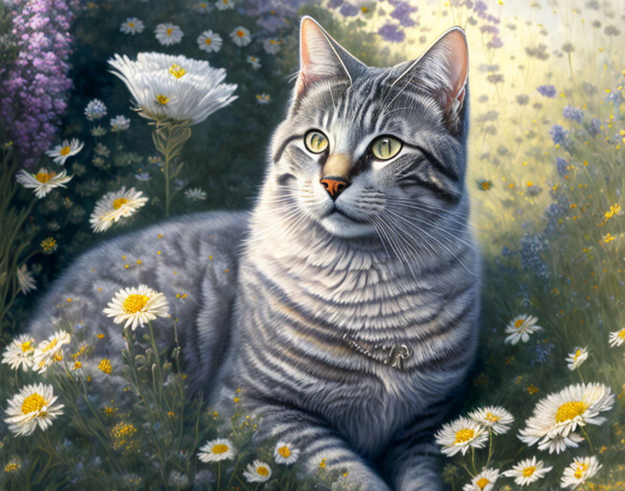 Grey Tabby Cat with Green Eyes Among White Daisies in Sunlit Field