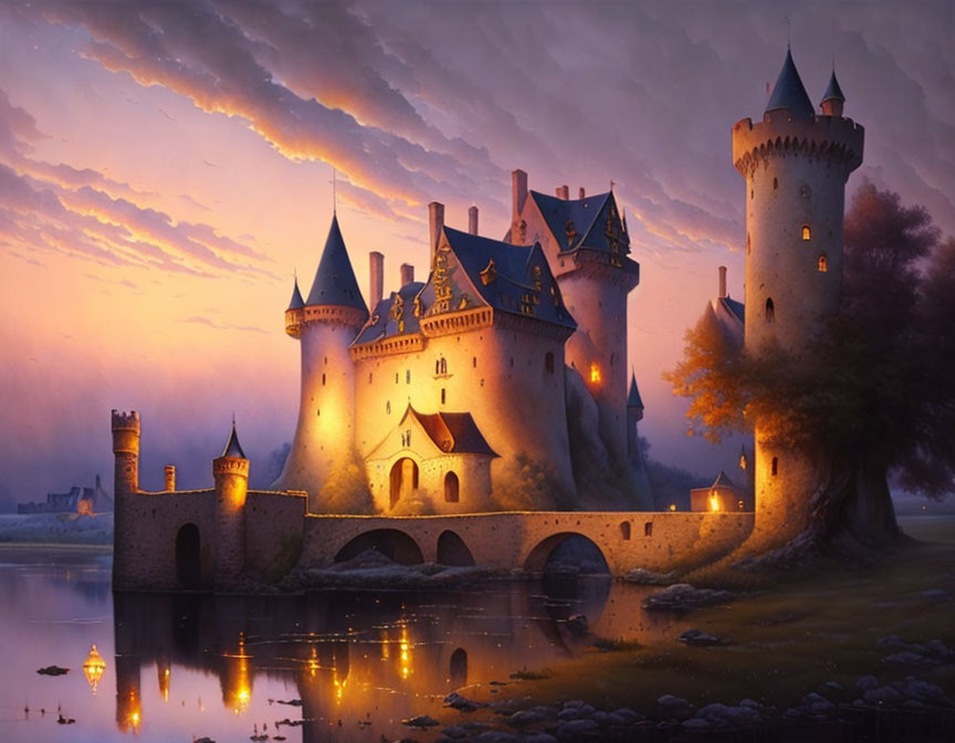 Majestic castle with illuminated towers reflected in tranquil water at dusk