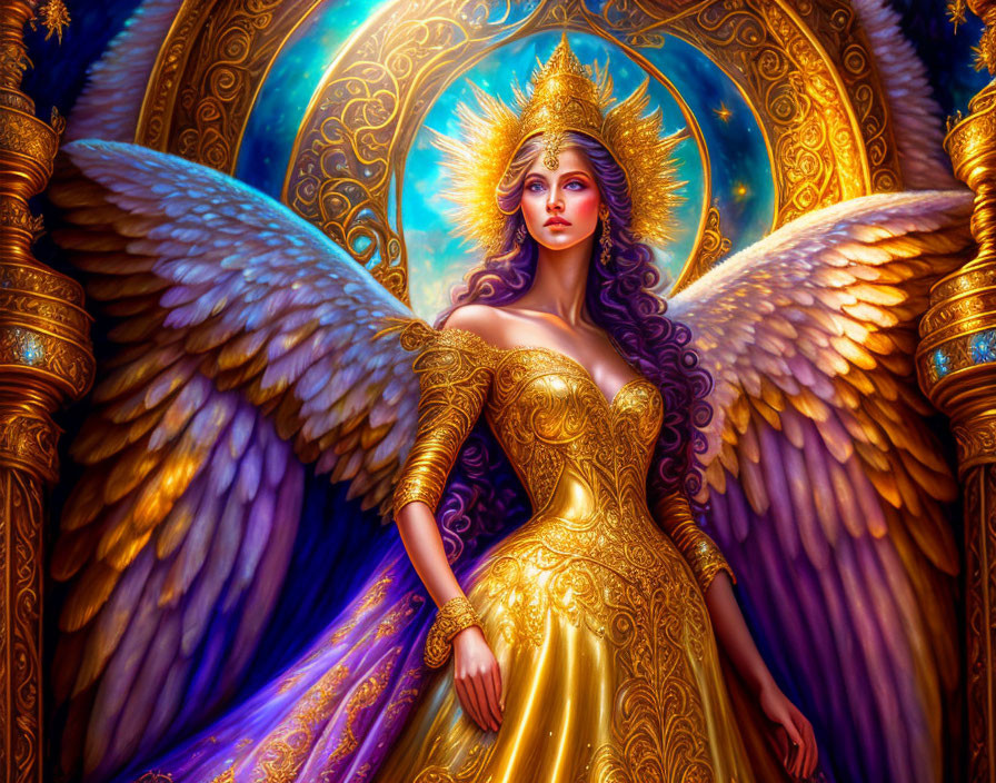 Golden-armored figure with angel wings in regal pose on blue background