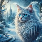 Majestic long-haired cat with blue eyes in snowy landscape