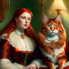 Regal Victorian woman and majestic cat in aristocratic attire