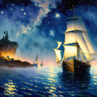 Night Seascape Painting: Sailing Ship, Stars, Shoreline Lights