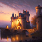 Majestic castle with illuminated towers reflected in tranquil water at dusk