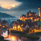 Tranquil fantasy village at dusk with castle, river, and sunset