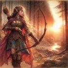 Fantasy elfin warrior in green and red armor with bow in sunlit forest