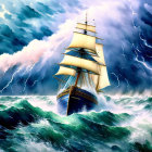 Sailing ship with white sails navigating stormy green waves