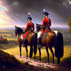 Military soldiers on horseback at sunrise with soldier in background