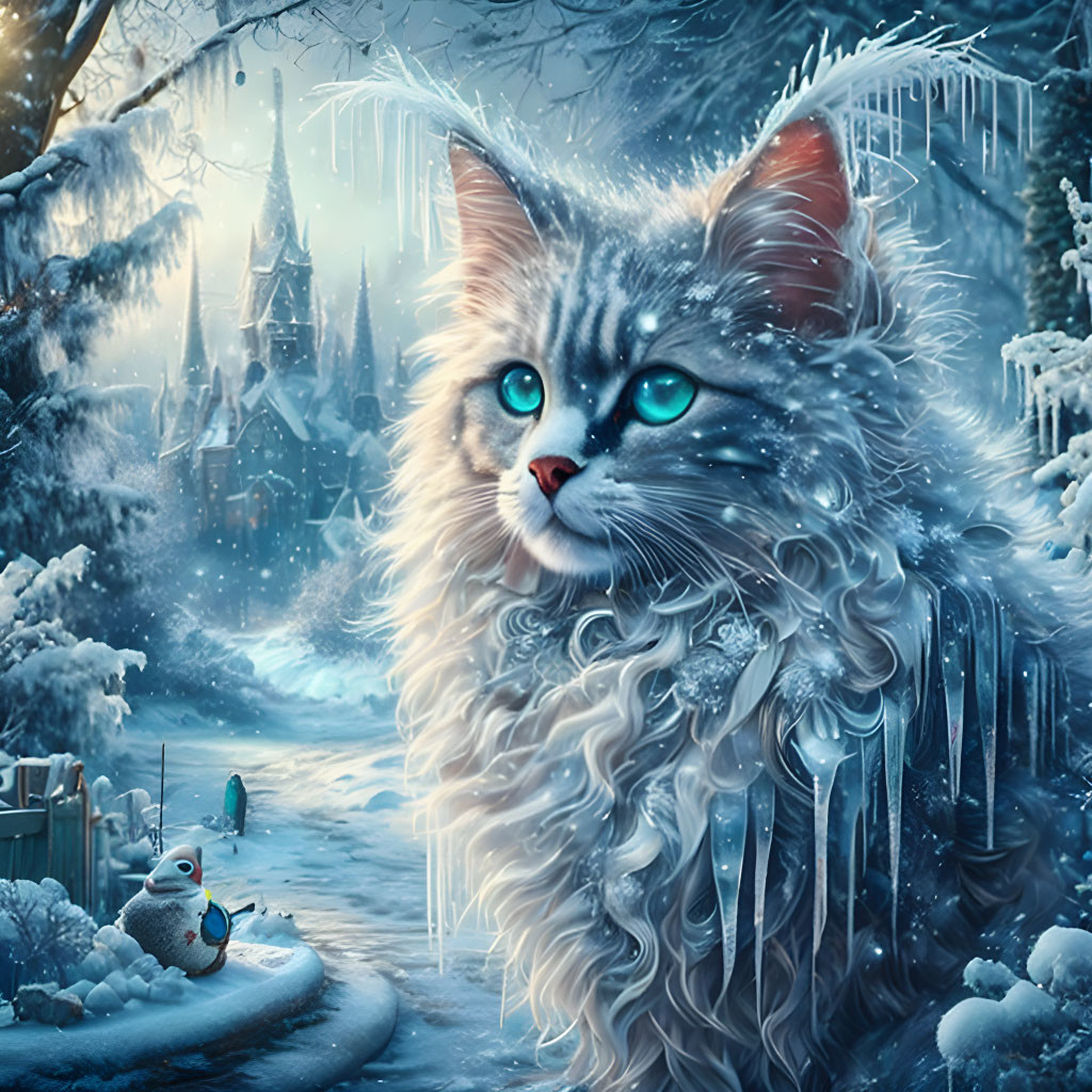 Majestic long-haired cat with blue eyes in snowy landscape