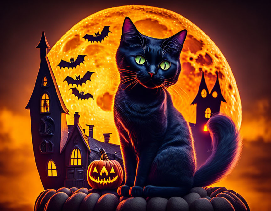 Black cat, full moon, bats, haunted house, pumpkin - spooky Halloween scene