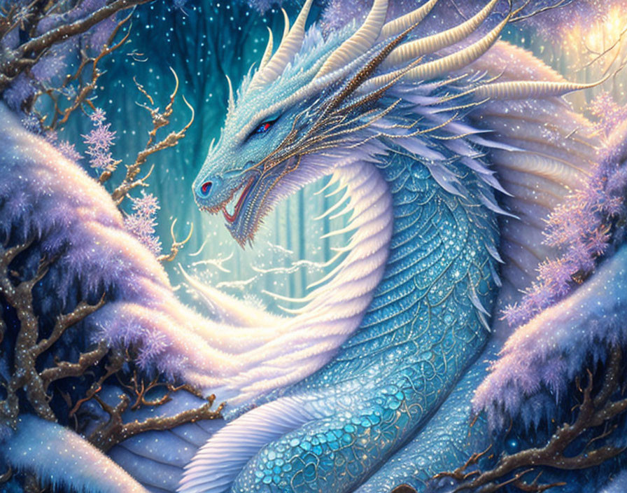 Blue dragon in snowy forest under starry sky