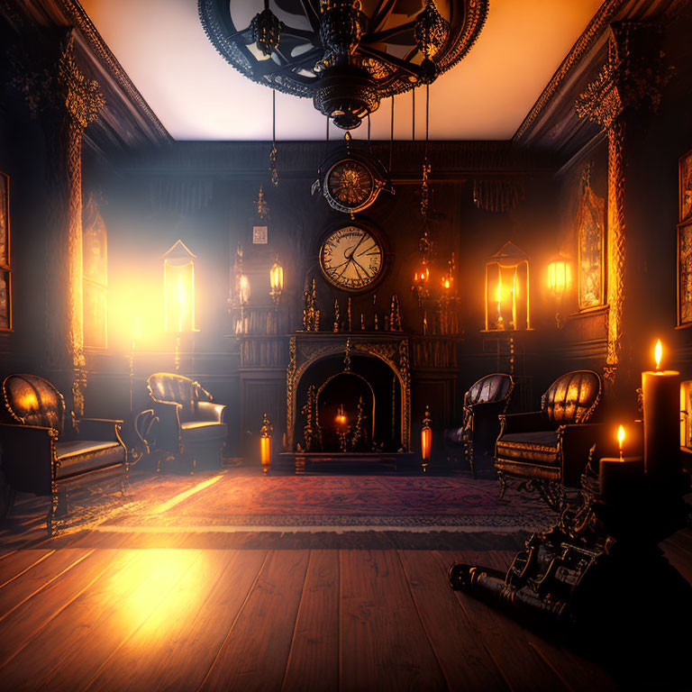 Victorian-style room with candles, fireplace, intricate furniture, and large clock