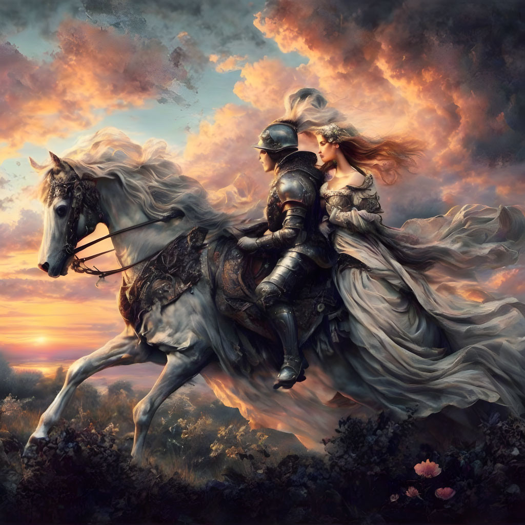 Medieval knight and lady on white horse at sunset