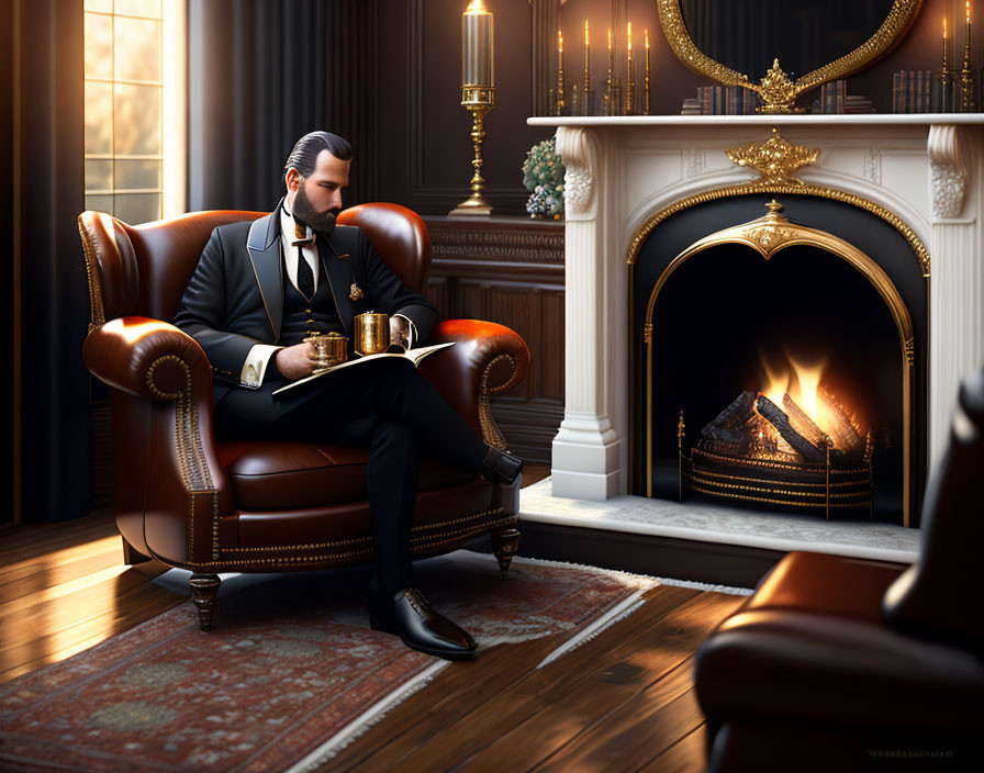 Man in suit reading book by fireplace with tea cup