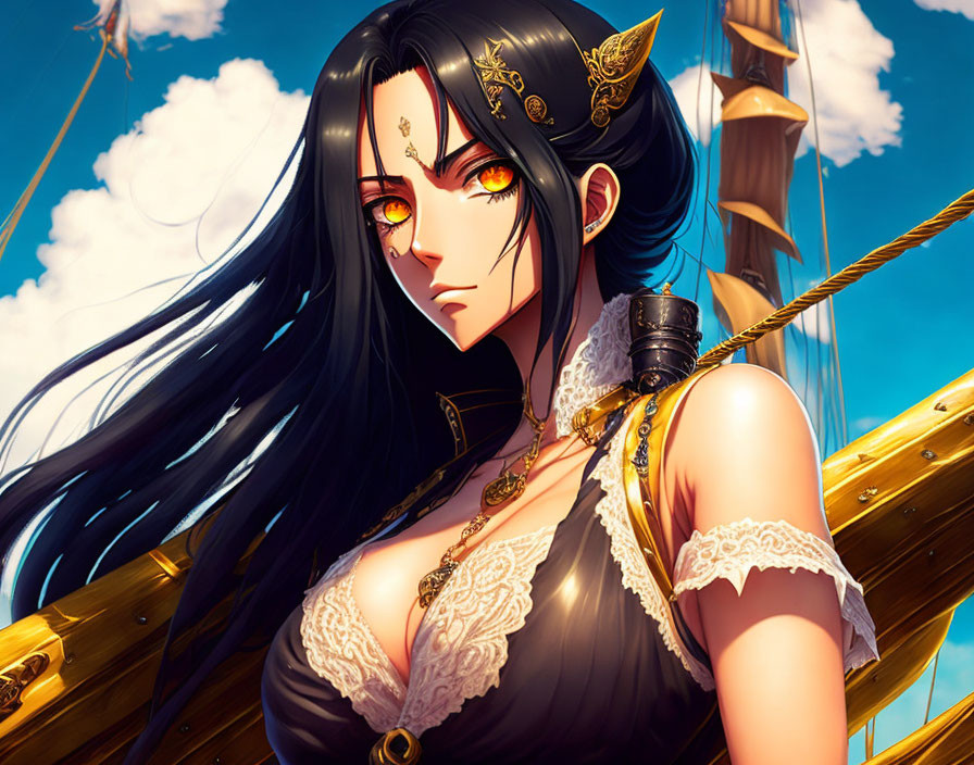 Illustration of female character with long black hair and golden eyes on ship deck under blue sky