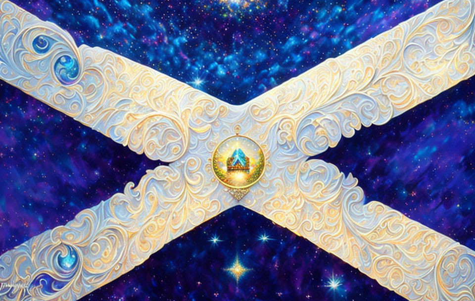 Cosmic-themed artwork featuring stylized cross and emblem in starry night sky