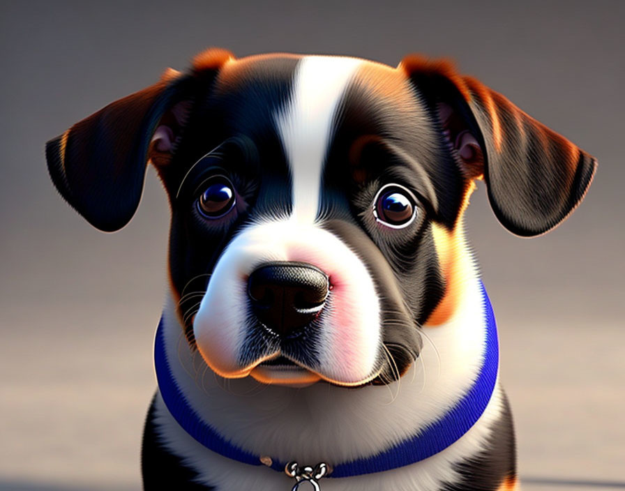Detailed computer-generated puppy with bright eyes and blue collar.