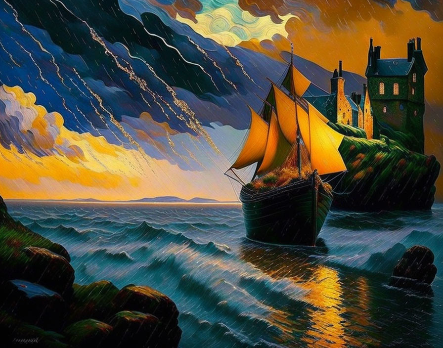 Colorful painting: ship near fortress at sunset with dynamic waves