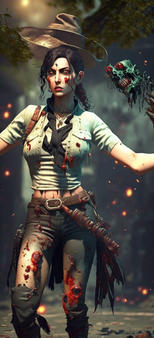 Female video game character in cowboy hat with revolver, blood-stained clothes, amidst floating embers