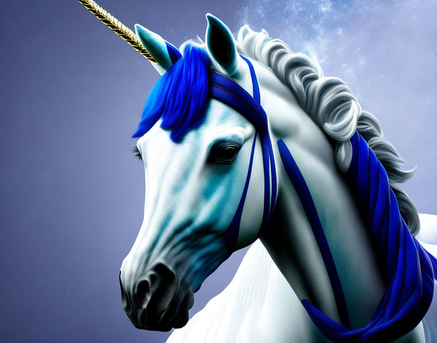 Blue-Maned Unicorn Artwork in Starry Night Sky