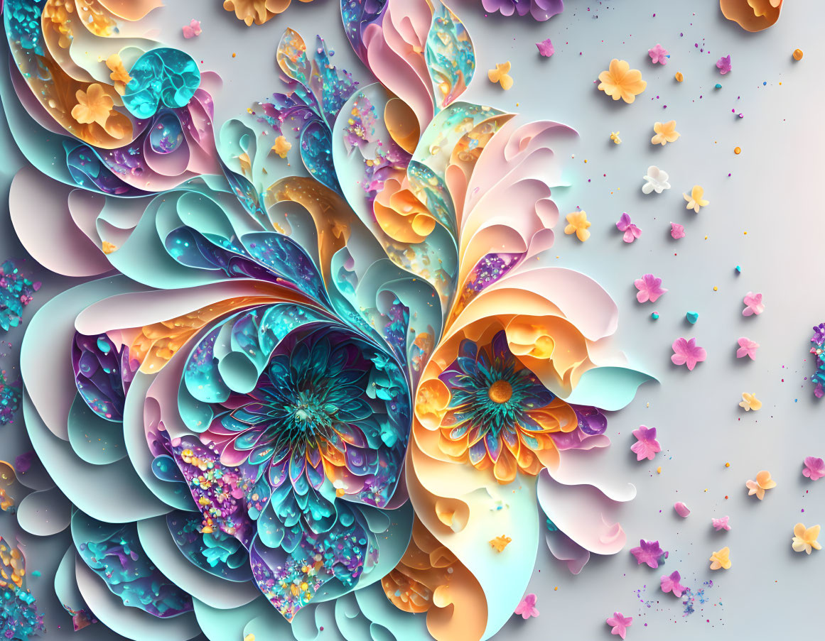 Colorful digital artwork: intricate fractal flower pattern in blues, oranges, and pinks.