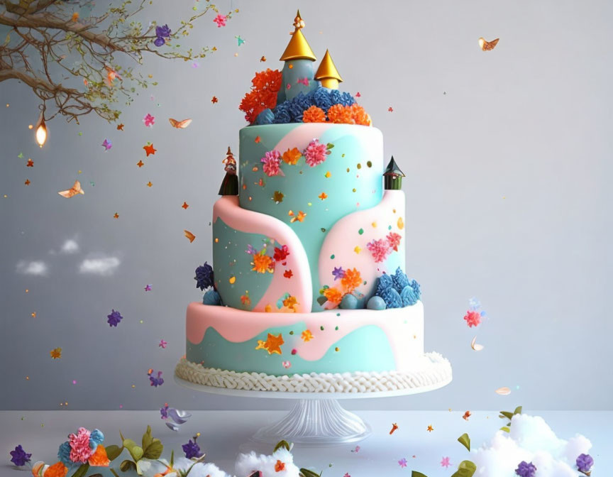 Whimsical multilayered cake with pastel blue and pink frosting and golden towers, flowers