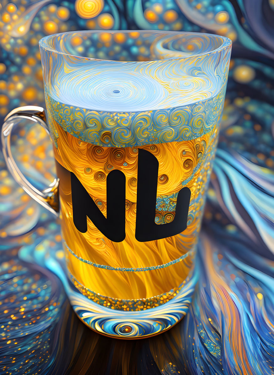 Glass Mug with "NL" Letters on Colorful Swirling Background Inspired by Starry Night