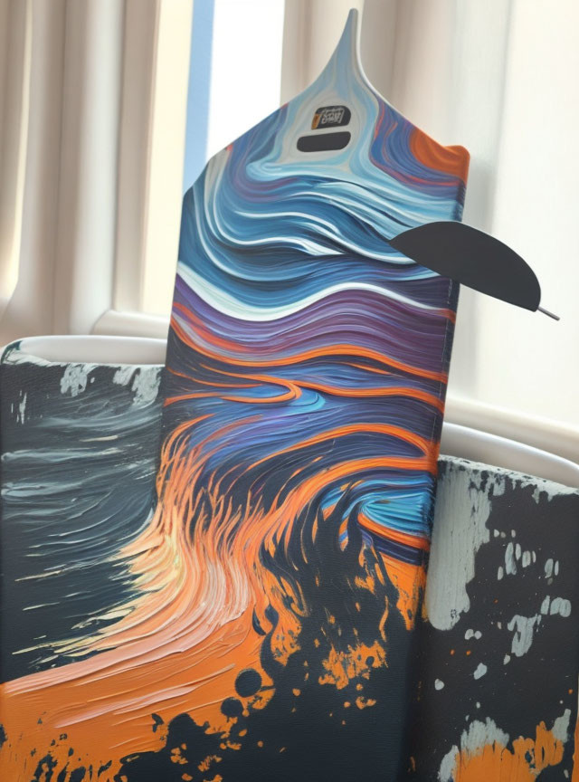 Abstractly painted colorful surfboard with ocean wave swirls against window