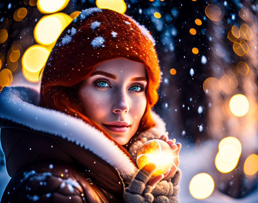 Red-haired woman in warm hat with glowing orb amidst snowflakes and golden lights