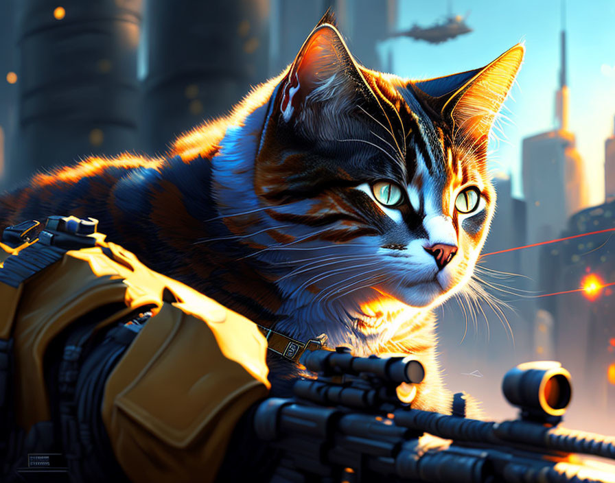 Anthropomorphic cat in tactical gear with green eyes in futuristic cityscape