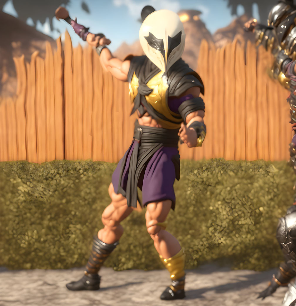 Muscular animated warrior in white and gold mask with weapon in sunny outdoor scene