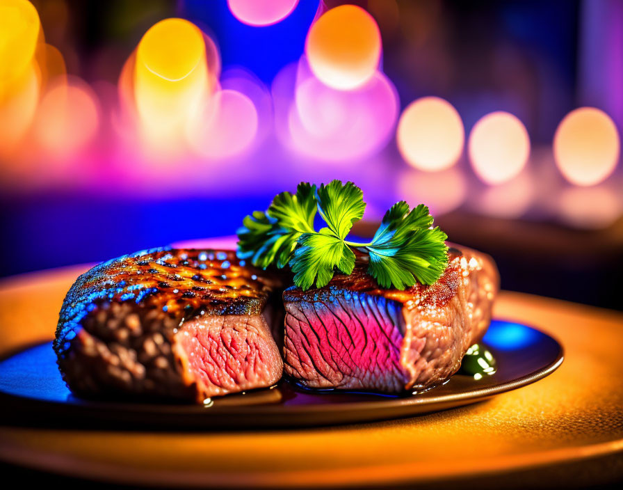 Juicy medium-rare steaks with parsley on plate, vibrant bokeh light background