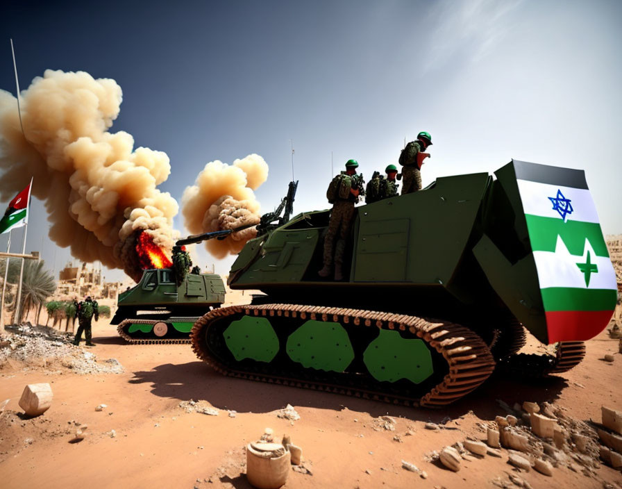 Military soldiers on armored vehicle in desert with smoke plumes