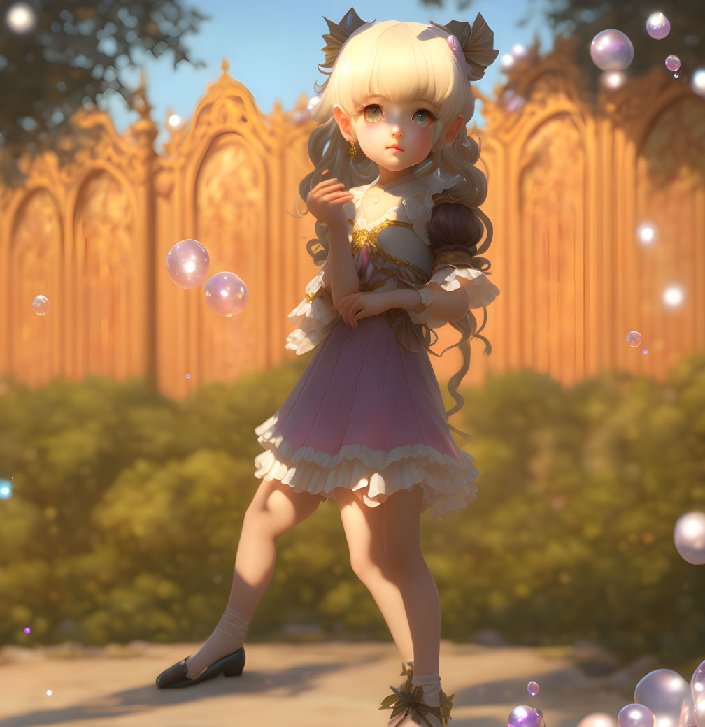 Blonde Girl in Frilly Dress with Pointed Ears Among Bubbles and Gothic Structure