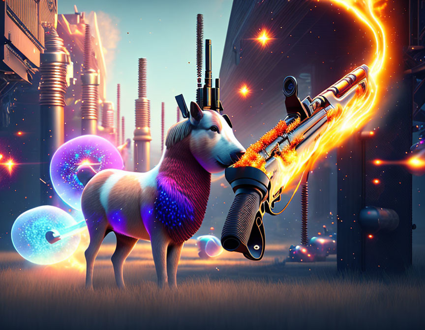 Colorful unicorn playing trumpet in futuristic cityscape under starry sky