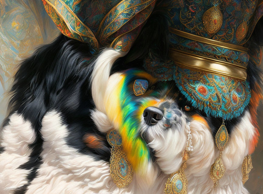 Detailed painting of a black and white furry dog with colorful ornate headgear